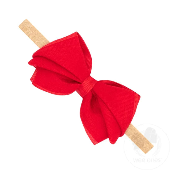 Wee Ones Small Pleated Organza Grosgrain Underlay Bow on Baby Band-Red