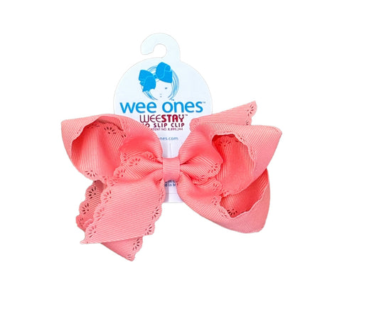 Wee Ones Seashell Coral Grosgrain Bow with Eyelet Flower-Embossed Edges - CCR