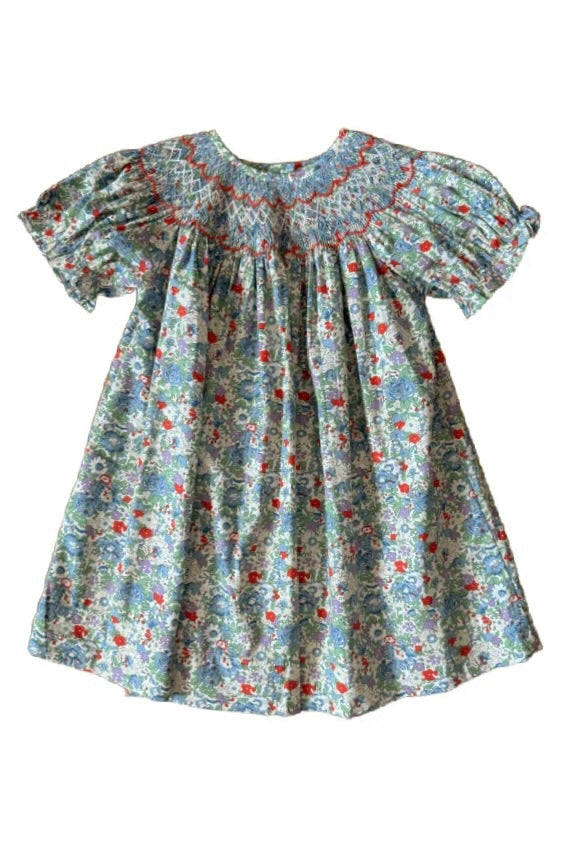 Lulu Bebe Megan Blue Flower Smocked Bishop Dress