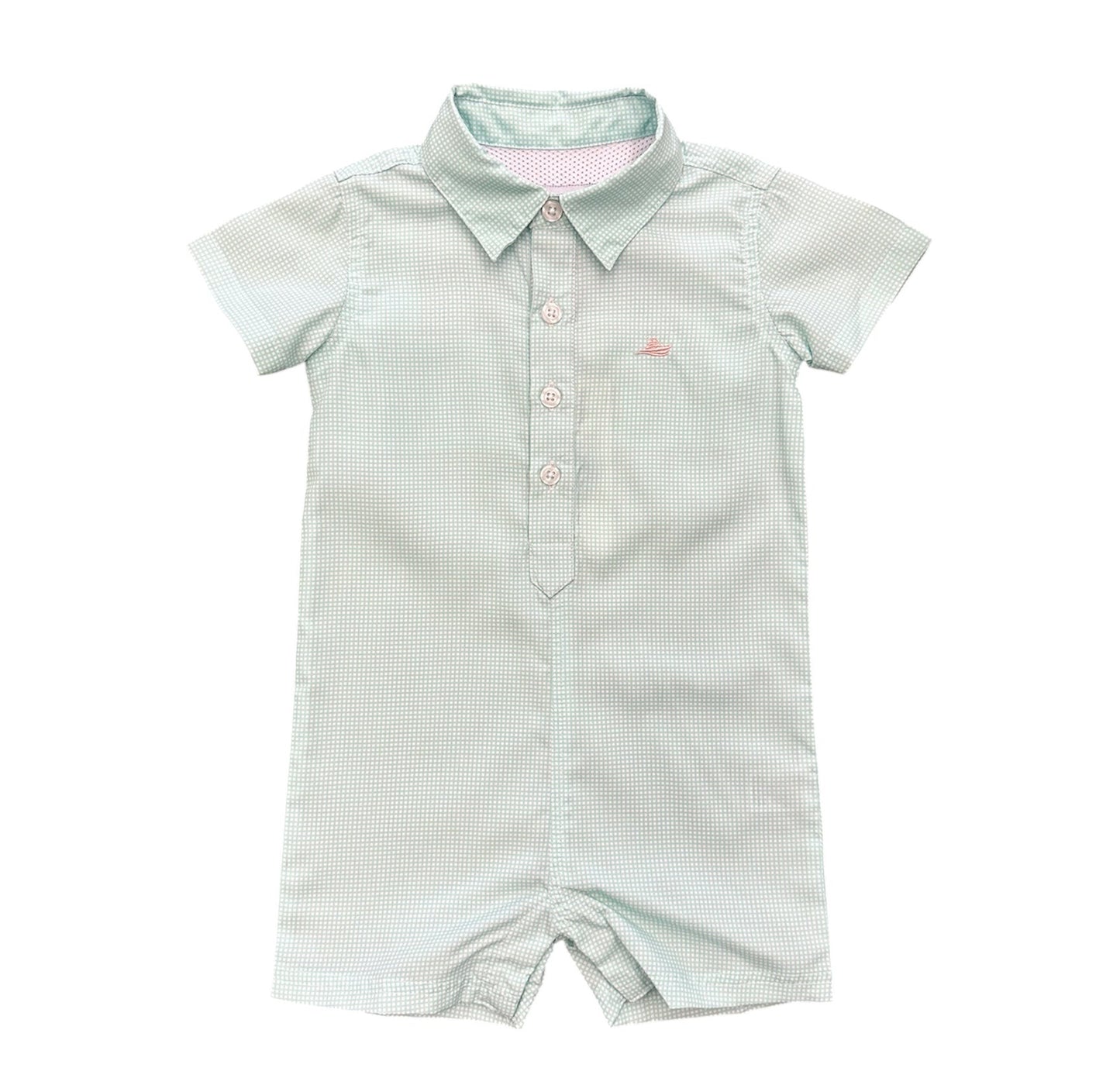 South Bound Honeydew Gingham Performance Polo Romper
