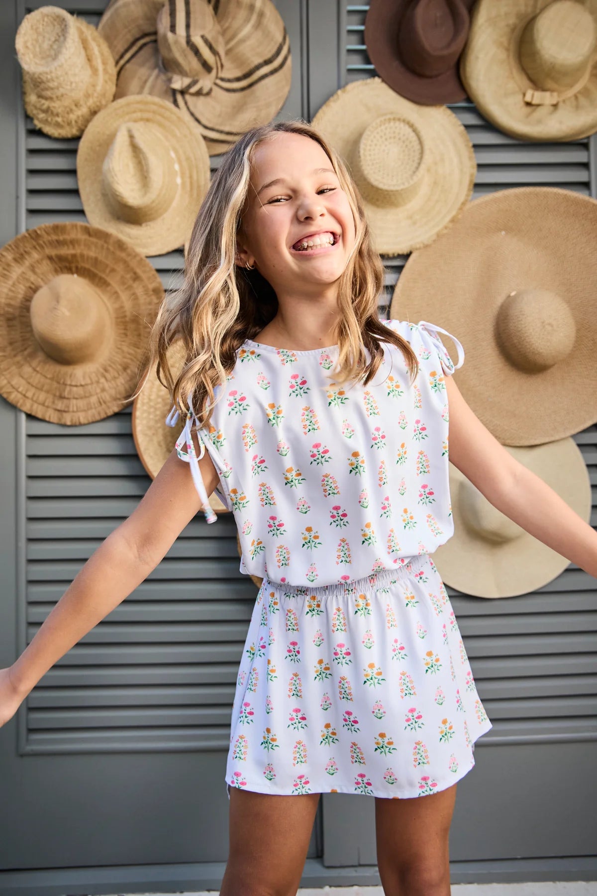Pleat Blue Floral Block Print Helen Dress
