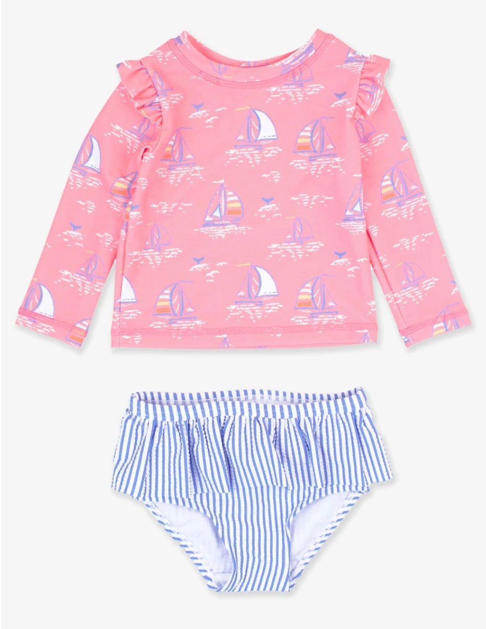 Ruffle Butts Pink Seas the Day Skirted Flutter Long Sleeve Rash Guard Bikini