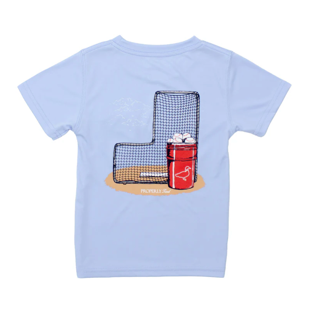 Properly Tied Baseball Bucket on Light Blue Performance Tee