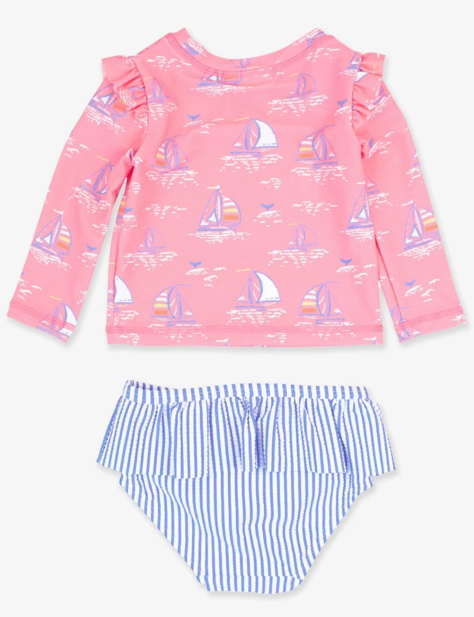 Ruffle Butts Pink Seas the Day Skirted Flutter Long Sleeve Rash Guard Bikini