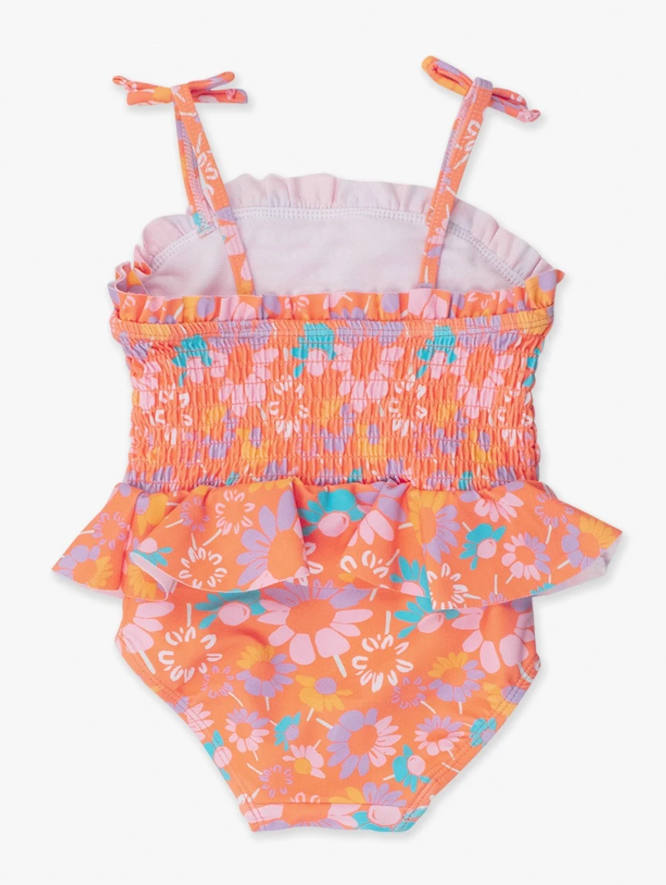 Ruffle Butts Coral Floral Peplum Smocked Bodice One Piece