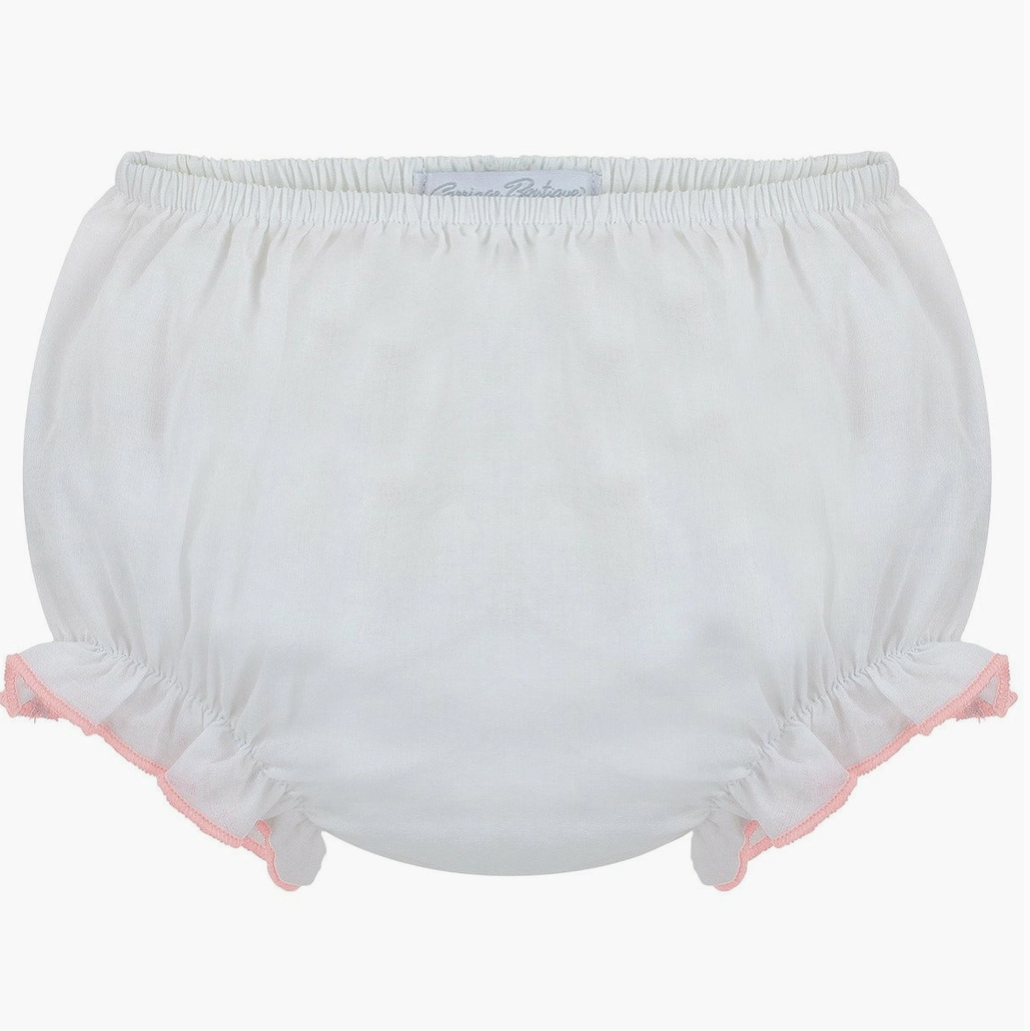Girls Bloomers - White Ruffle Pink Trim