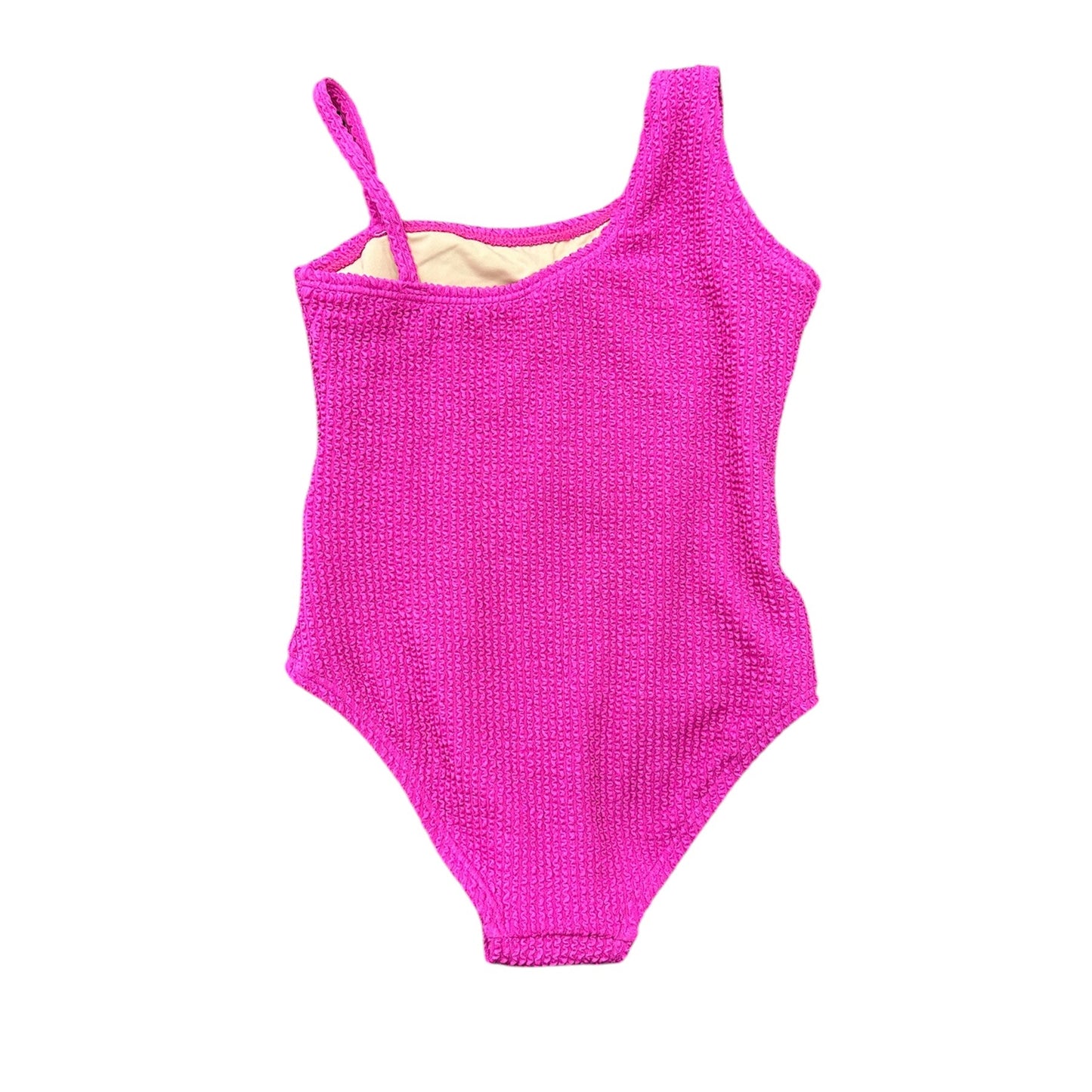 Girls berry crinkle one shoulder swimsuit with textured fabric and UPF50+ sun protection.