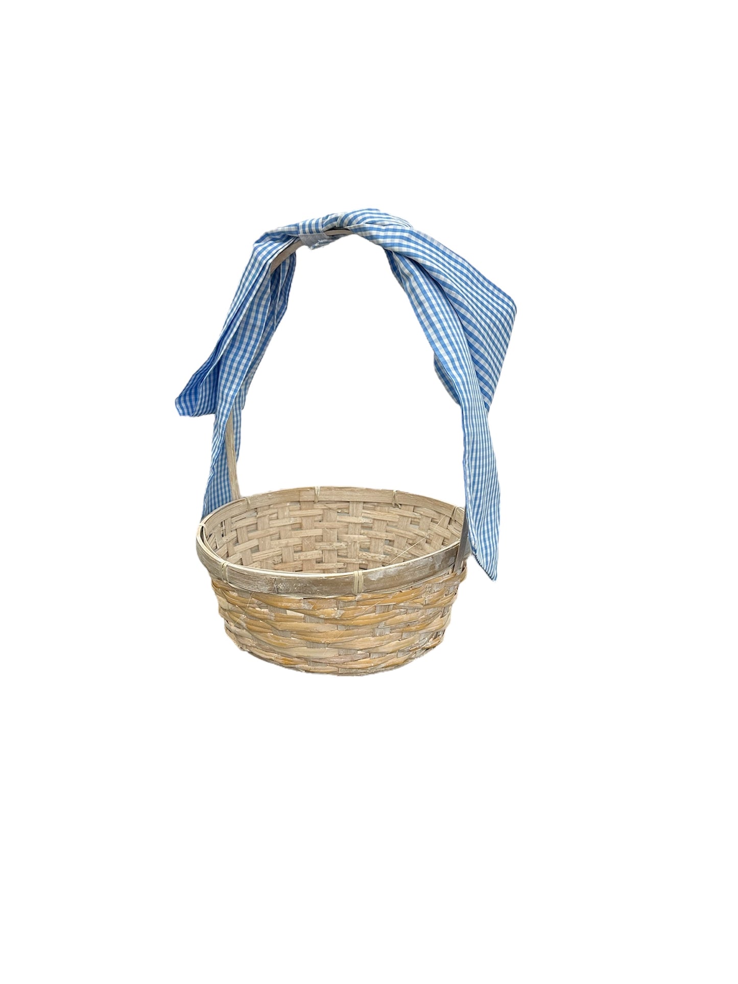 Assorted handwoven Easter baskets with bows in round and oval shapes, available in multiple sizes and finishes.