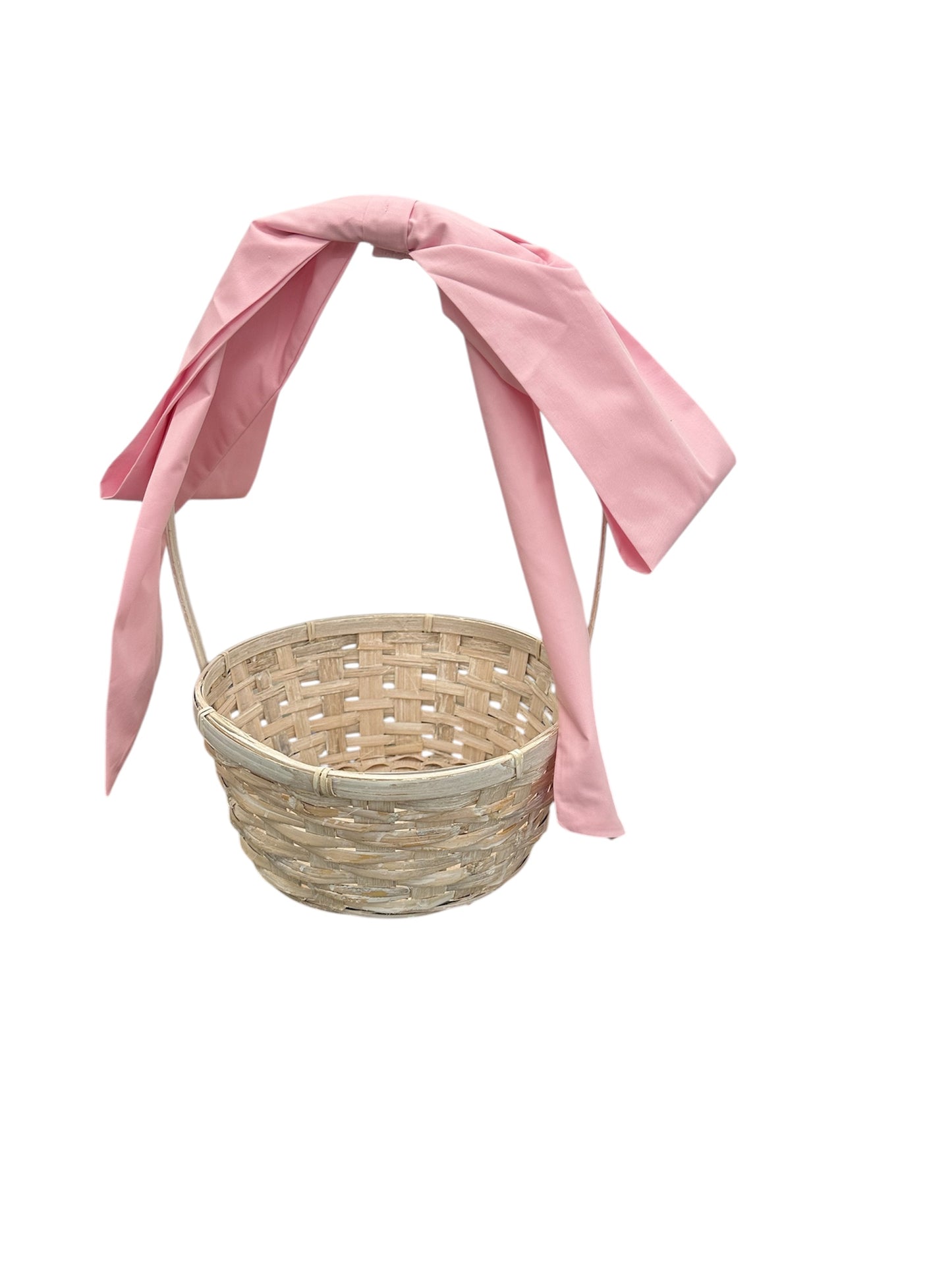 Assorted handwoven Easter baskets with bows in round and oval shapes, available in multiple sizes and finishes.