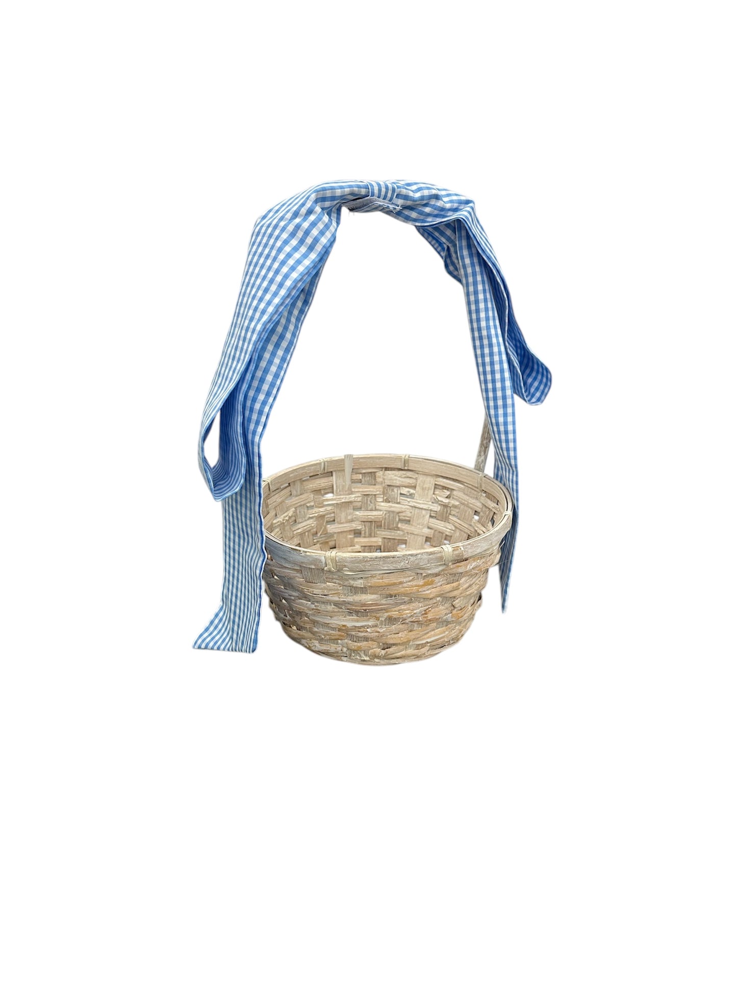 Assorted handwoven Easter baskets with bows in round and oval shapes, available in multiple sizes and finishes.