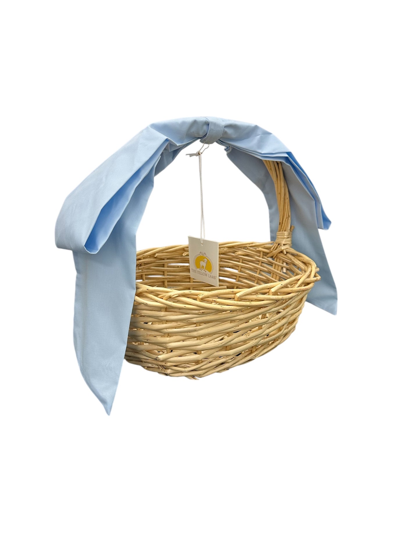 Assorted handwoven Easter baskets with bows in round and oval shapes, available in multiple sizes and finishes.