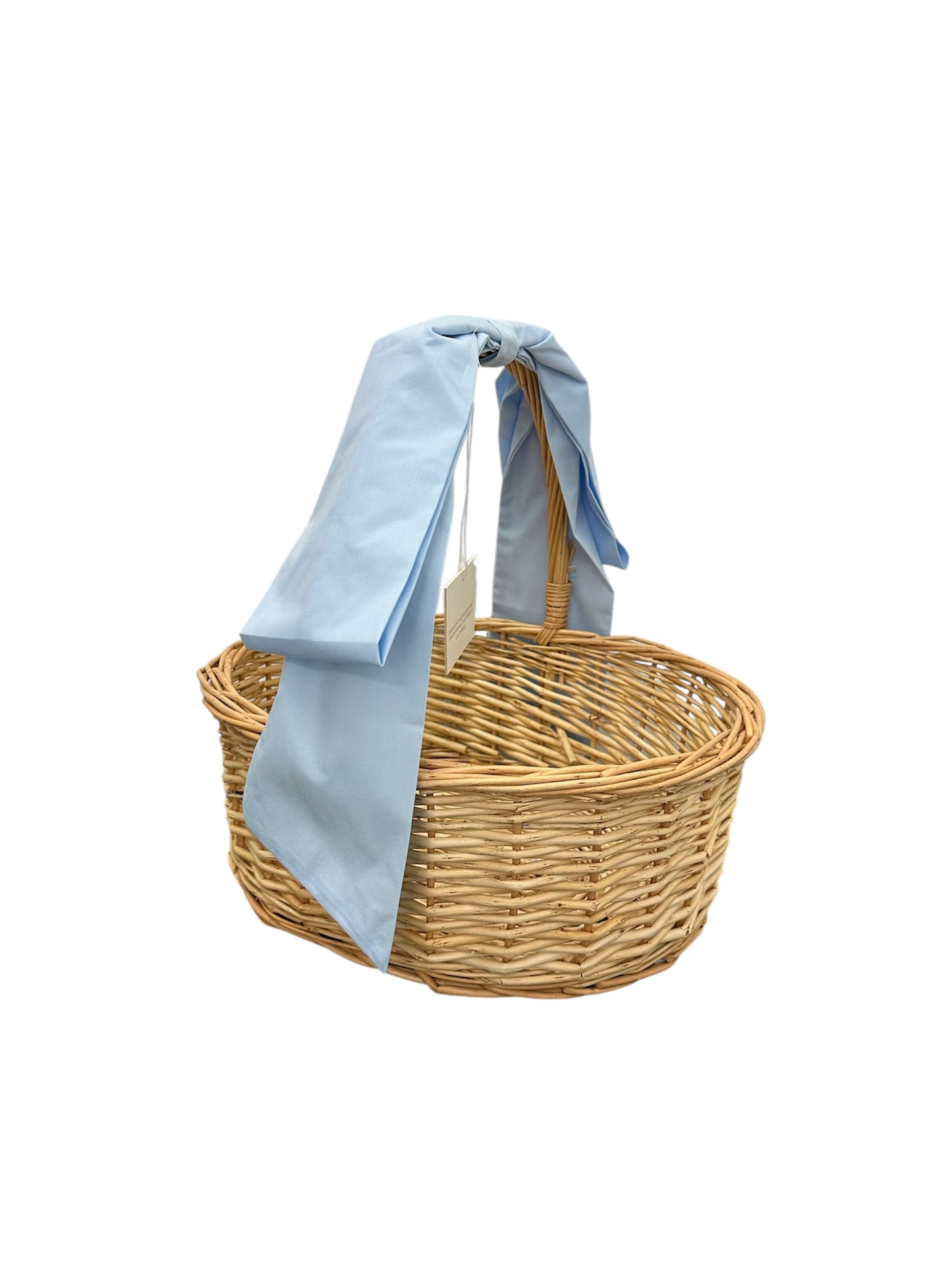 Assorted handwoven Easter baskets with bows in round and oval shapes, available in multiple sizes and finishes.