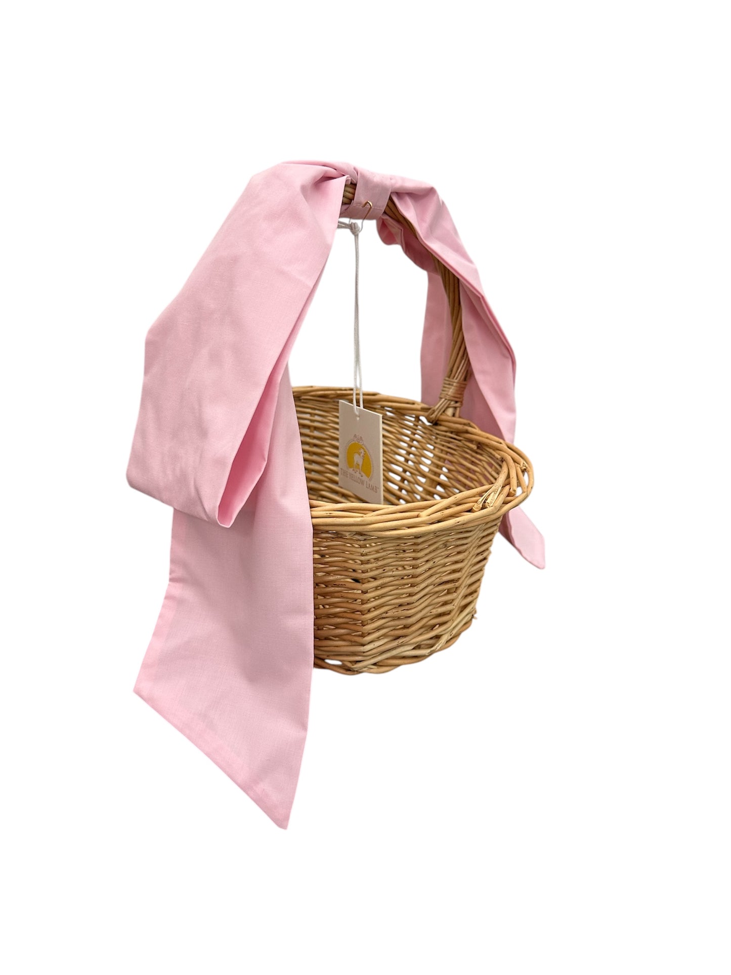 Assorted handwoven Easter baskets with bows in round and oval shapes, available in multiple sizes and finishes.