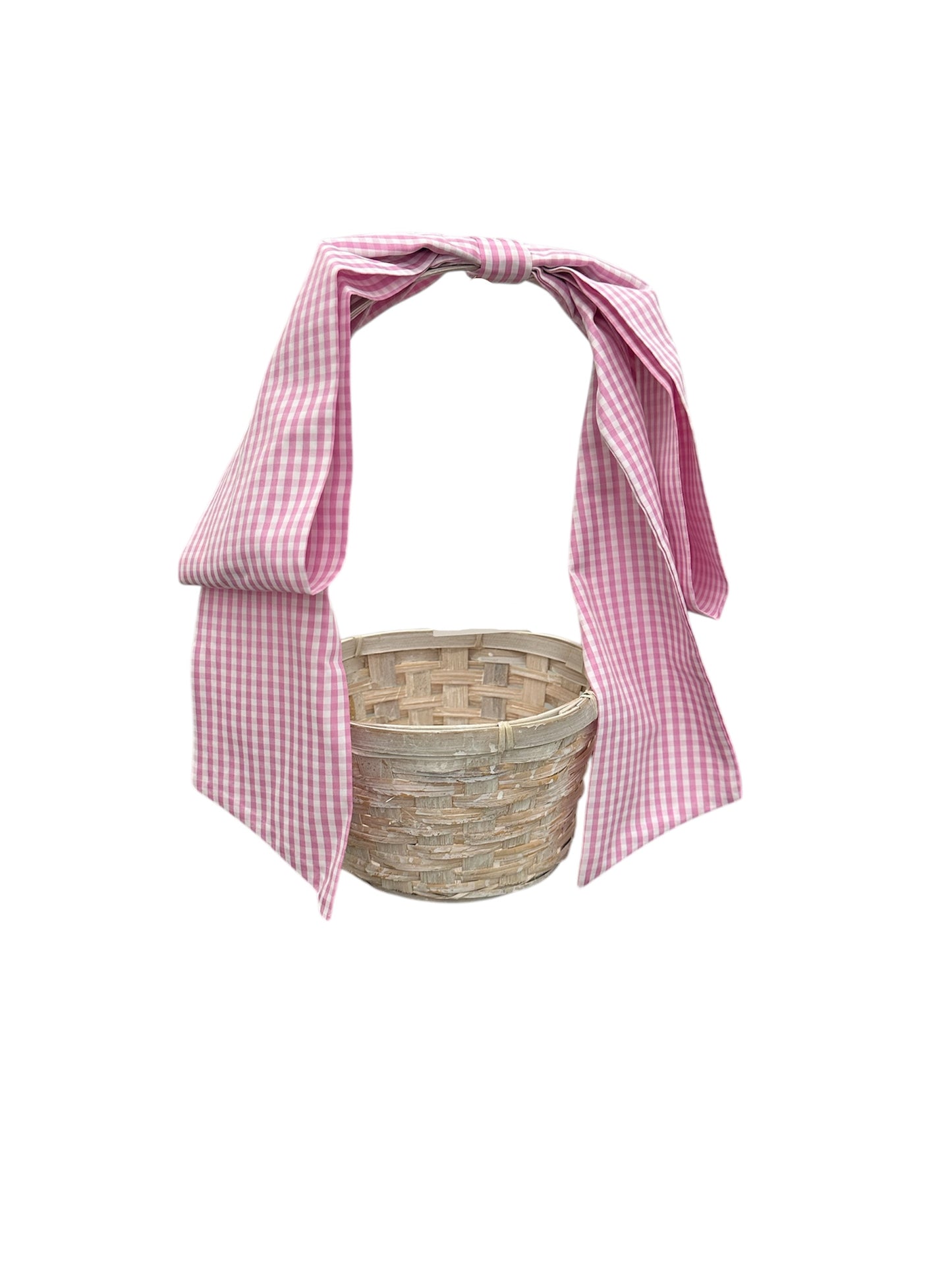 Assorted handwoven Easter baskets with bows in round and oval shapes, available in multiple sizes and finishes.