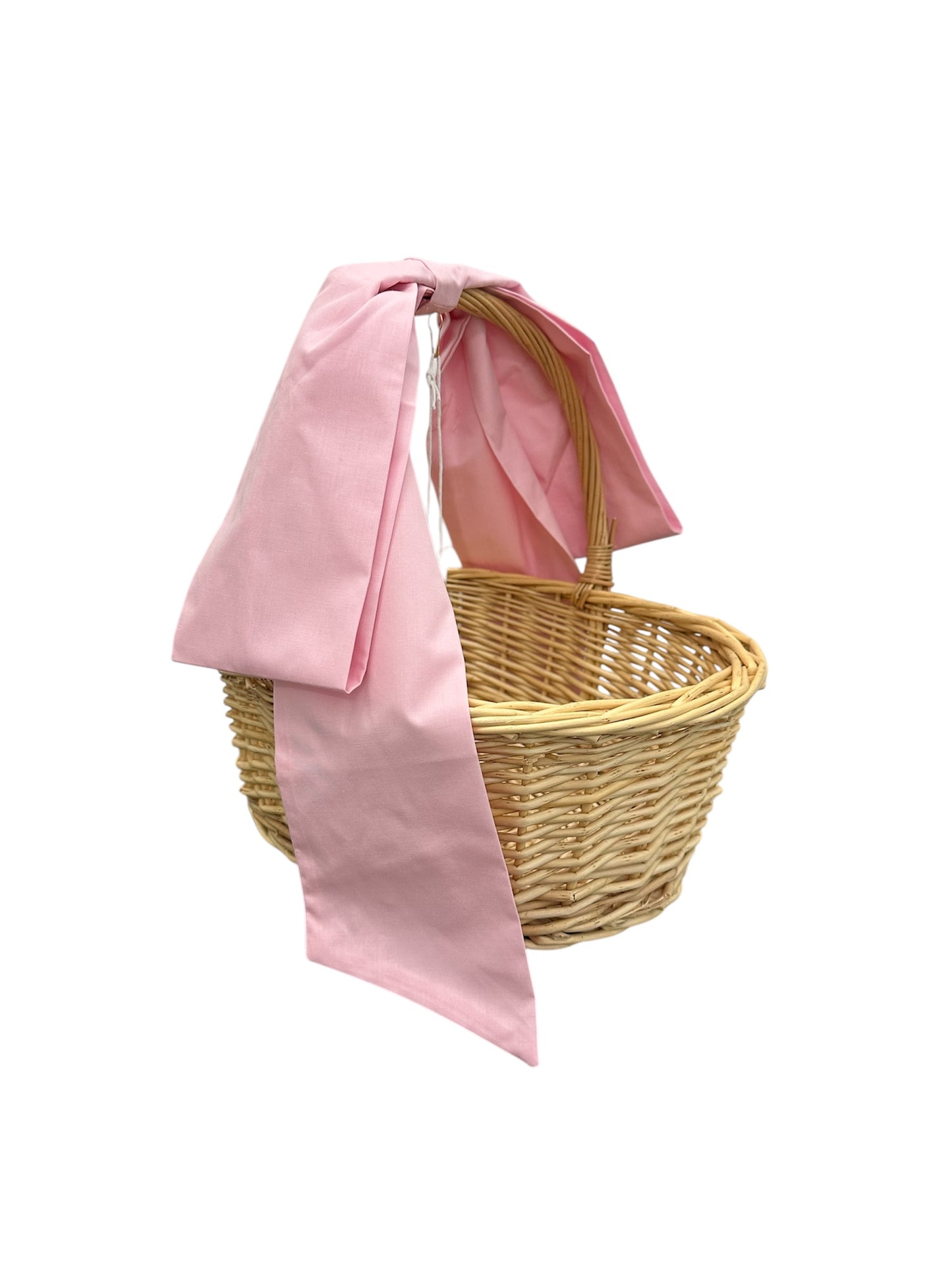 Assorted handwoven Easter baskets with bows in round and oval shapes, available in multiple sizes and finishes.
