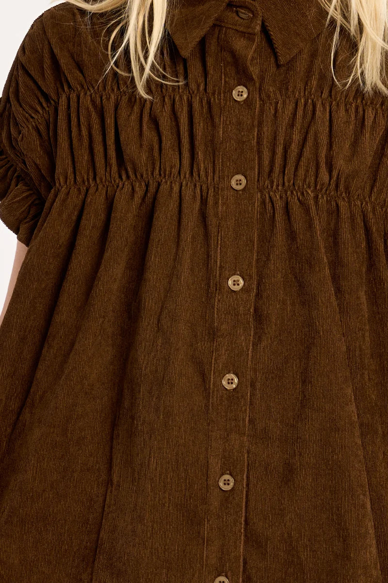 Molly Bracken Girl Chocolate Ruched Shirt Dress