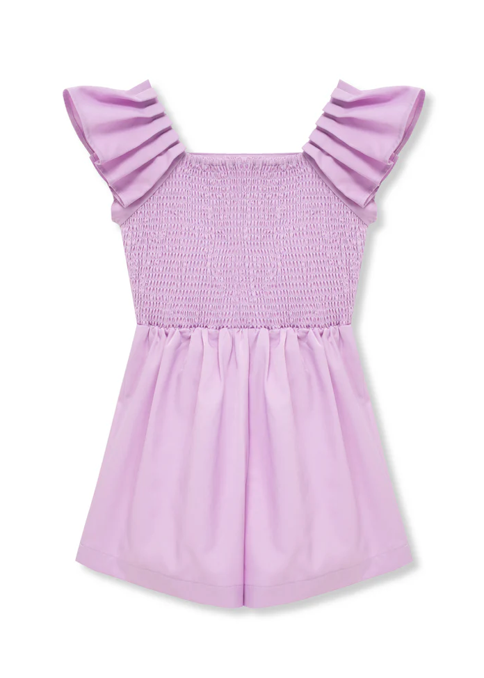 Habitual Girl Lindsey lilac flutter sleeve romper with elastic waist.