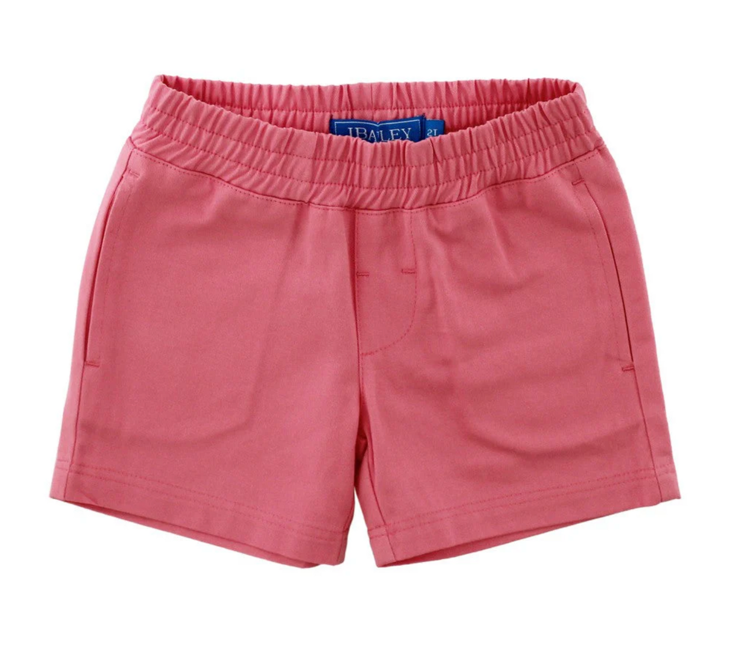 Boys’ J Bailey Seaside Shrimp pull on shorts made of 100% cotton twill fabric, featuring pockets and elastic waistband, displayed on a plain background.