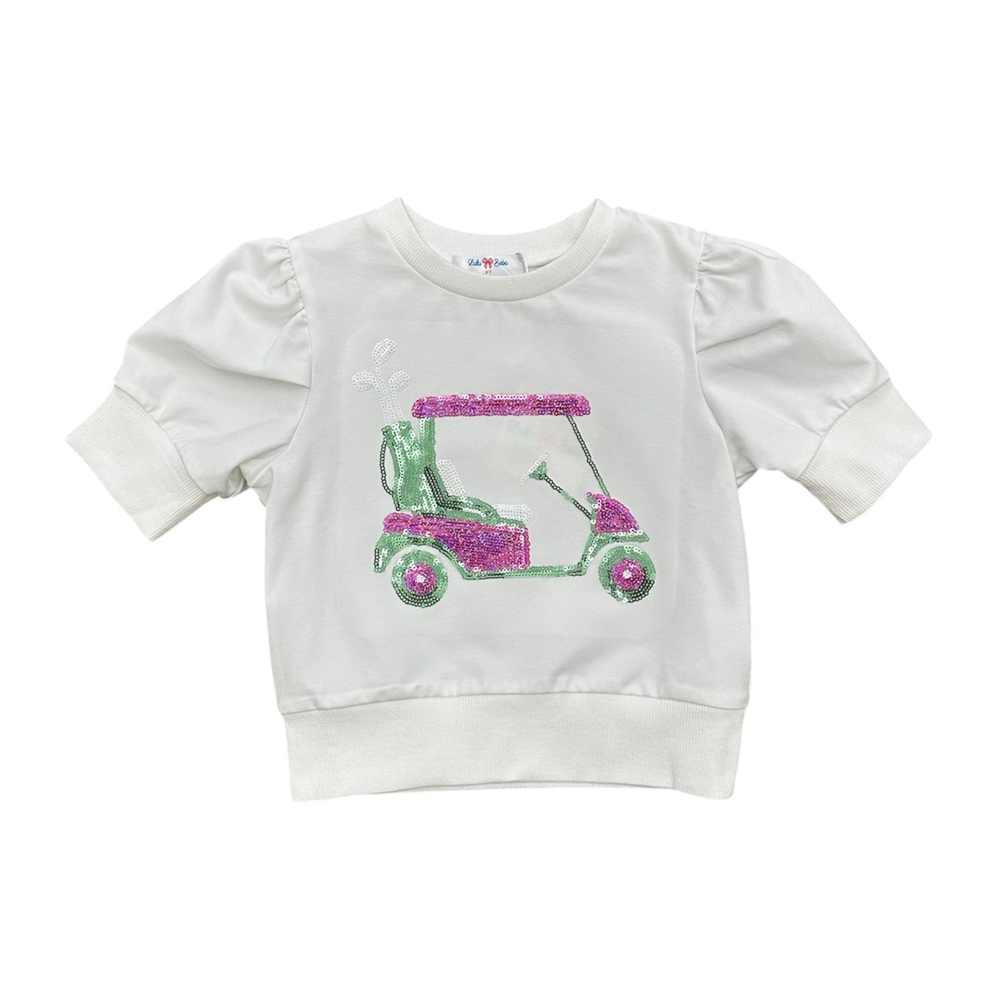 Girls Lulu Bebe Lily Golf Cart Sequin Top in pink with puff sleeves and sparkly golf cart design, perfect for spring and summer fun.