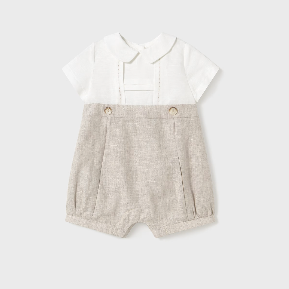 Baby boy natural linen blend romper with back buttons and crotch snaps