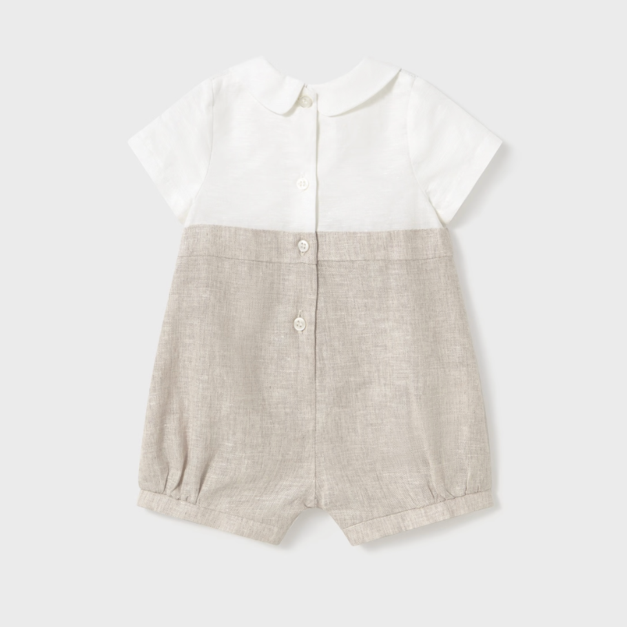 Baby boy natural linen blend romper with back buttons and crotch snaps