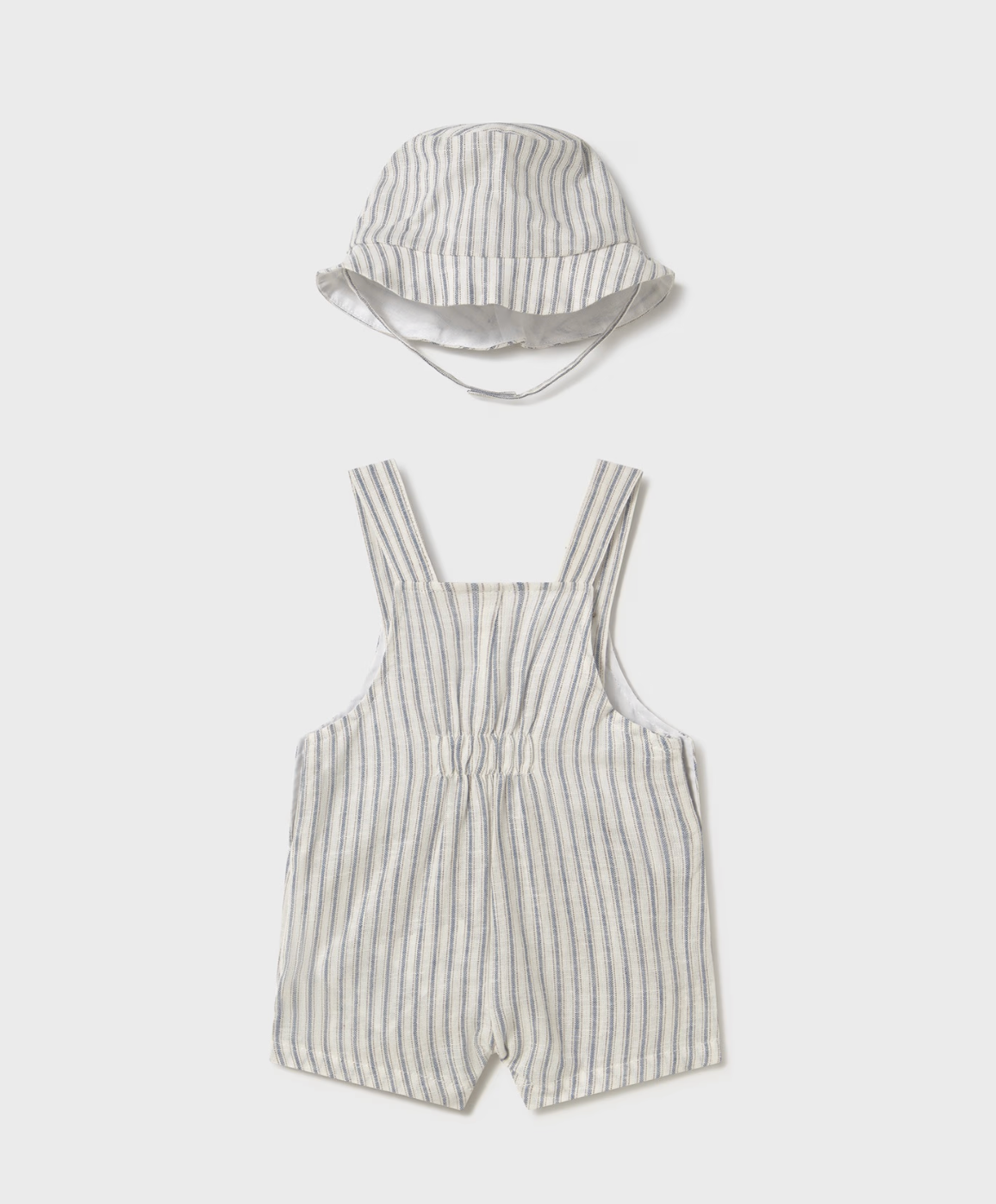Mayoral baby boy striped cotton-linen overalls with adjustable straps and matching bucket hat.