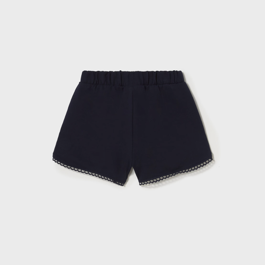 Navy blue chenille baby girl shorts with elastic waistband, soft and cozy for everyday wear.
