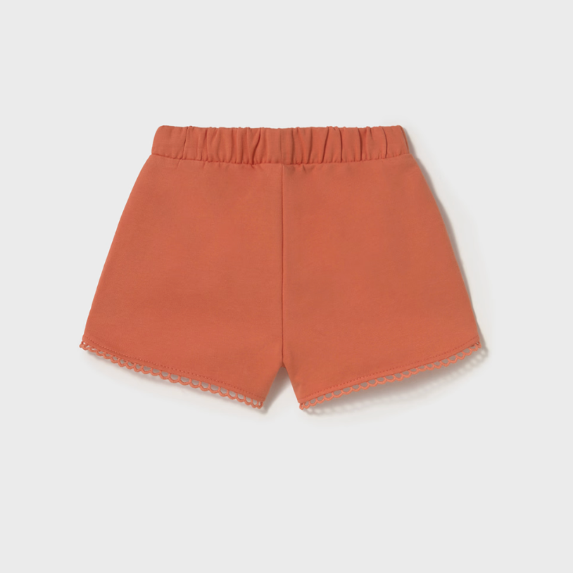 Mayoral baby girl soft orange chenille-style shorts with elastic waist, perfect for summer play.