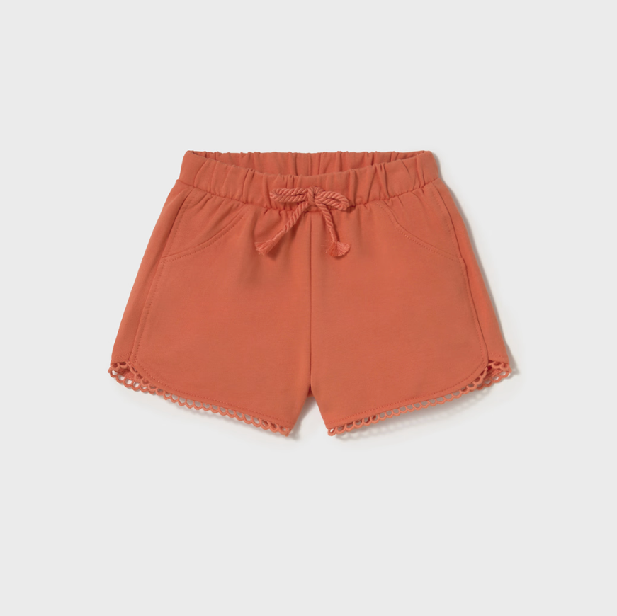 Mayoral baby girl soft orange chenille-style shorts with elastic waist, perfect for summer play.