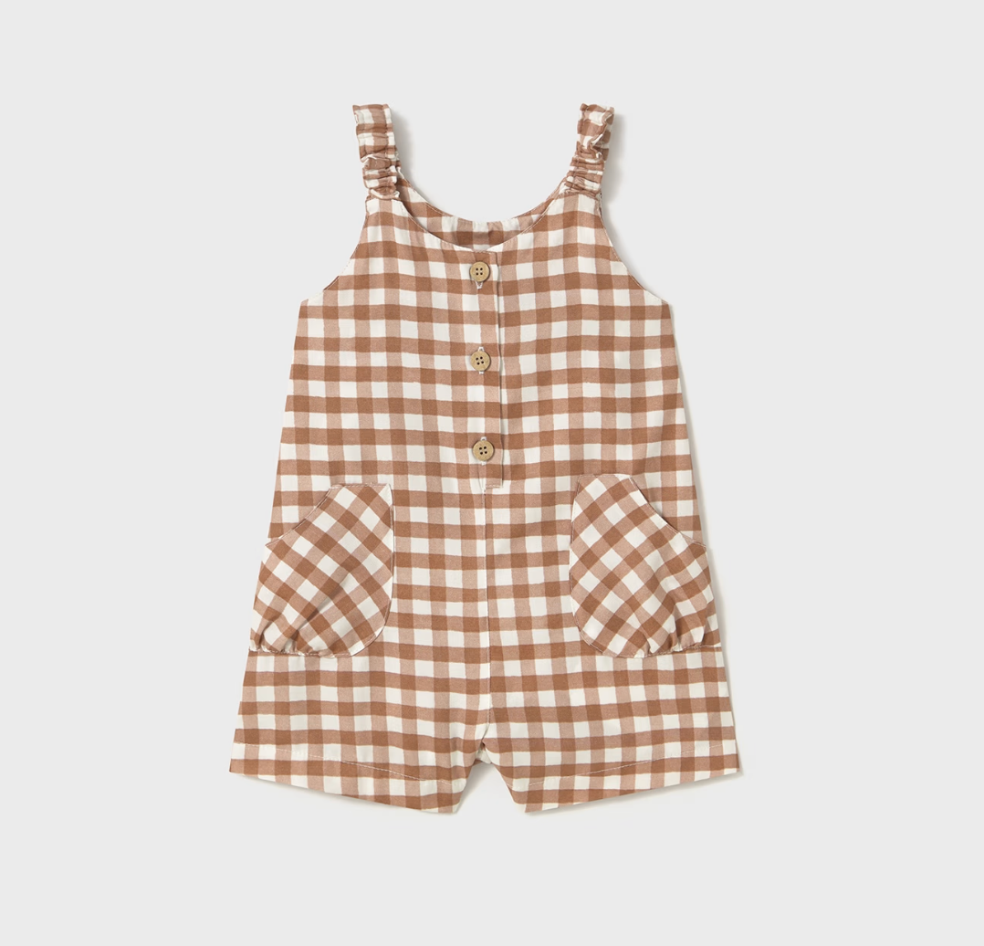 Mayoral baby girl terracotta gingham romper with chest buttons and pockets.