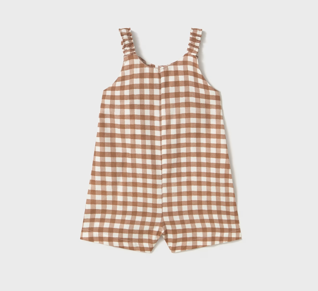 Mayoral baby girl terracotta gingham romper with chest buttons and pockets.