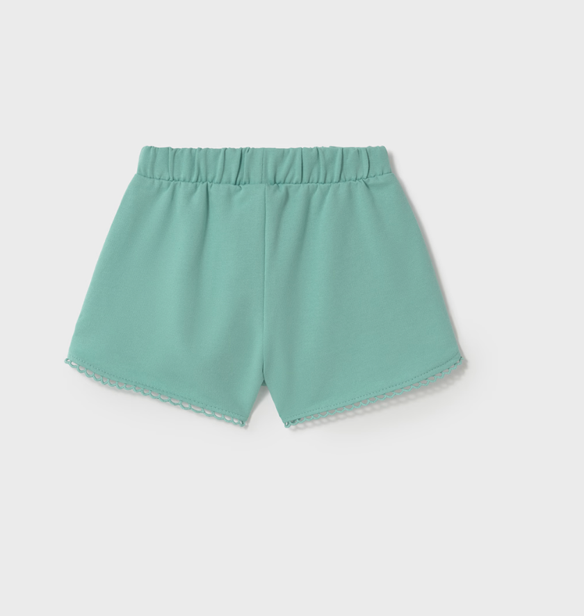 Turquoise chenille baby girl shorts with elastic waistband, soft and stretchy for everyday comfort.