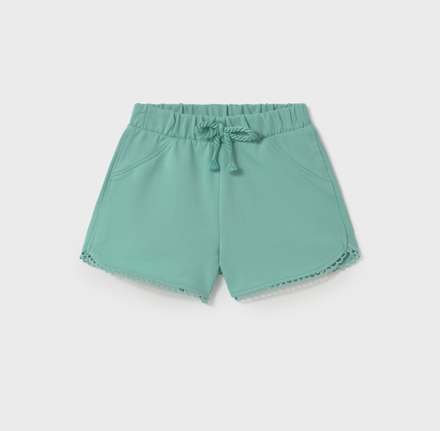 Turquoise chenille baby girl shorts with elastic waistband, soft and stretchy for everyday comfort.