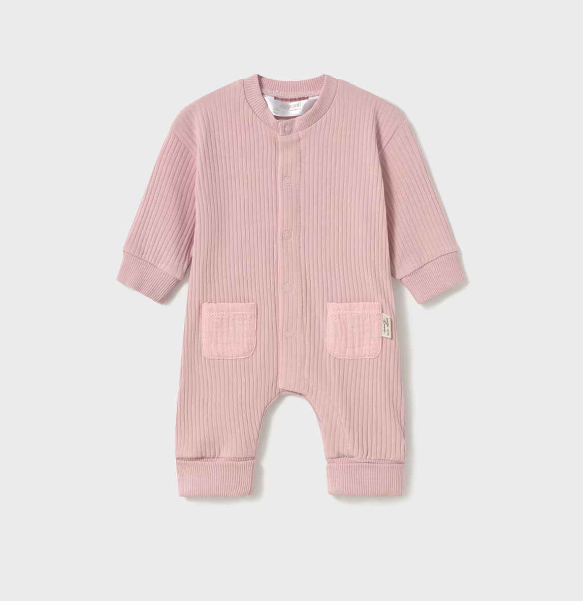 Mayoral baby girl pink ribbed romper with bear design on bottom and front snaps.