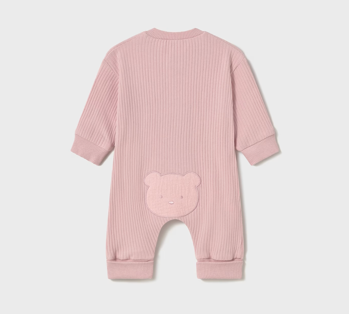 Mayoral baby girl pink ribbed romper with bear design on bottom and front snaps.