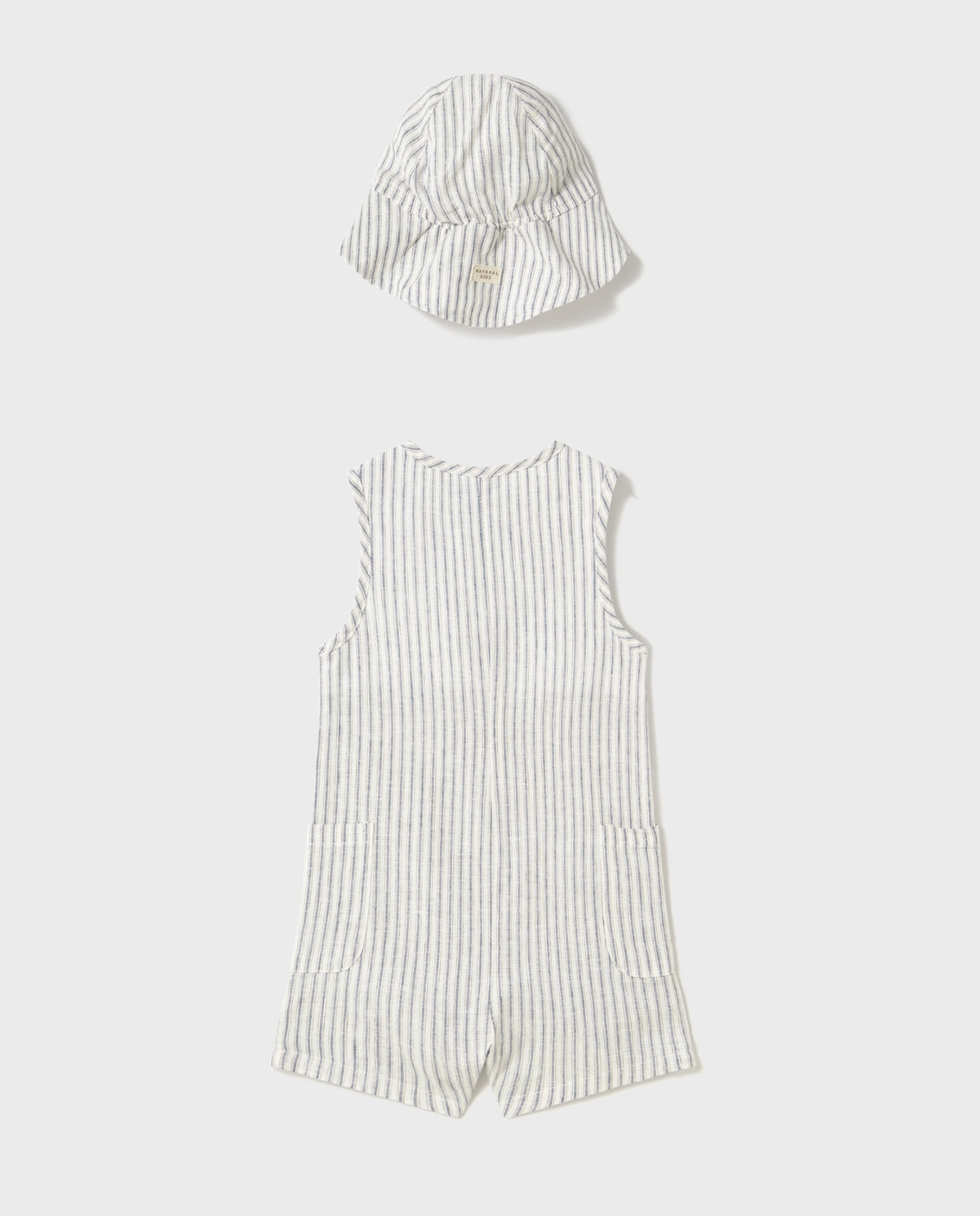 Mayoral baby boy striped linen romper with matching bucket hat and button front.