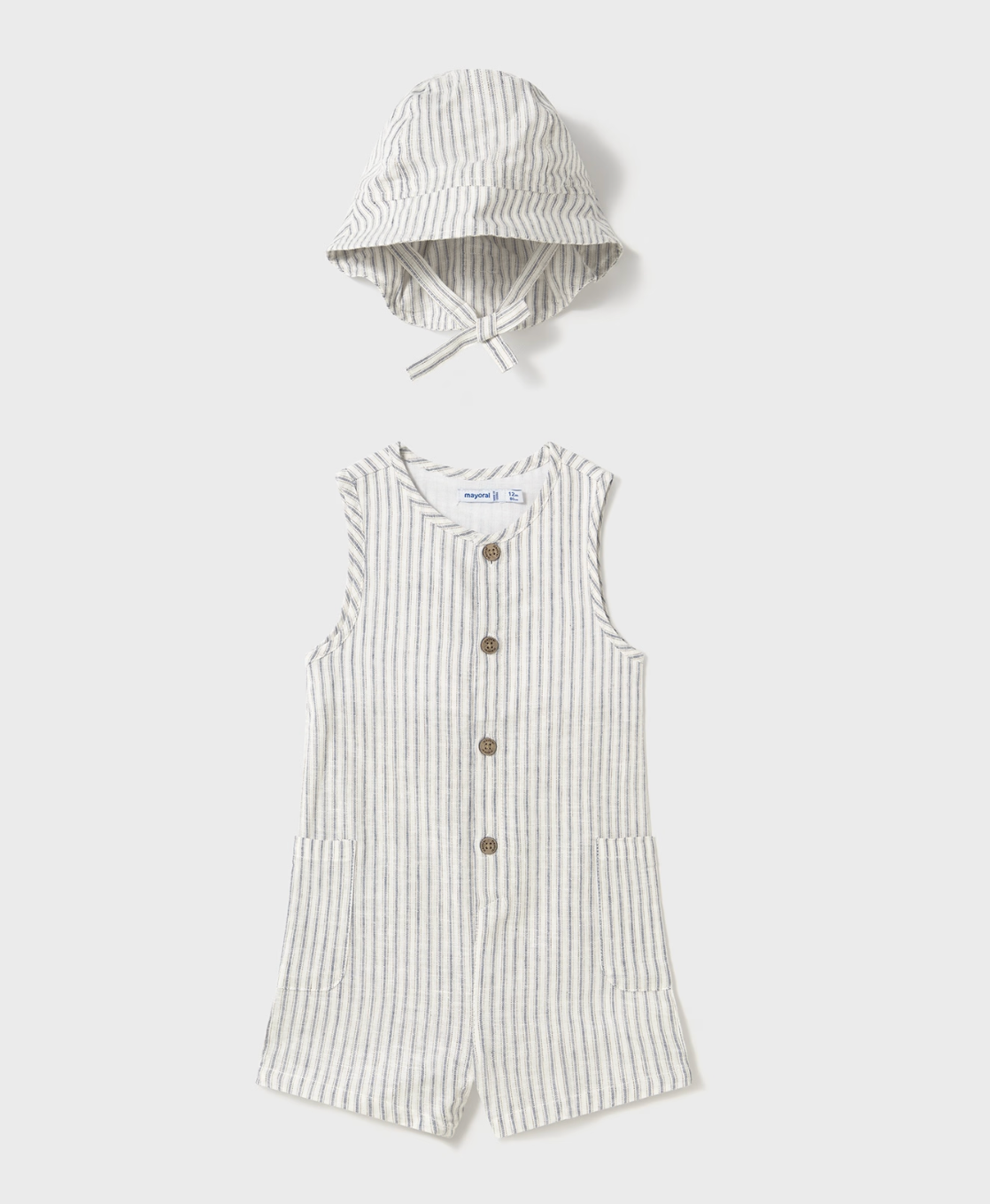 Mayoral baby boy striped linen romper with matching bucket hat and button front.