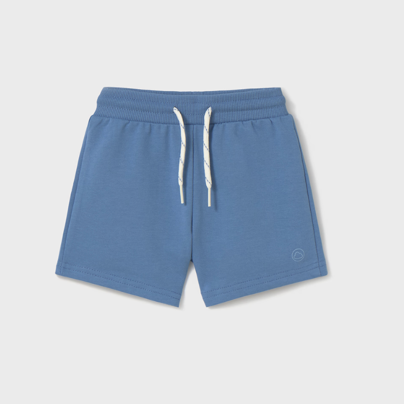Mayoral boy blue knit shorts with functional drawstring.