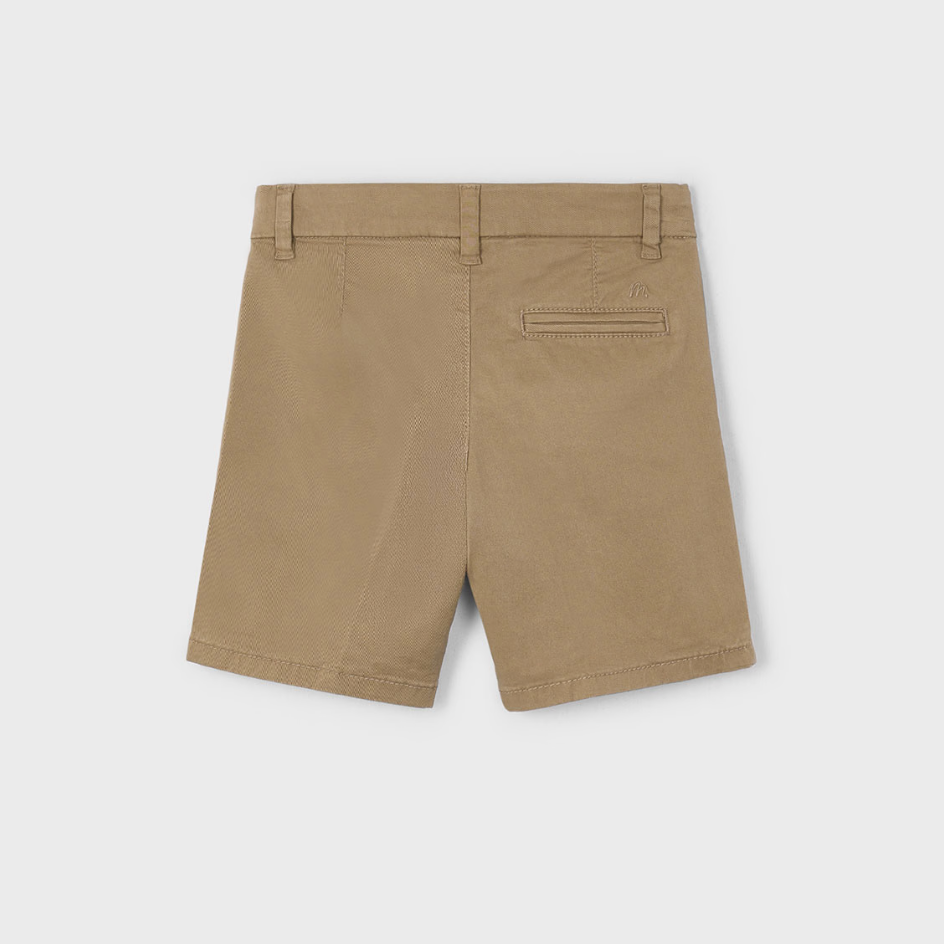 Mayoral dark khaki chino shorts for boys with adjustable waist, front button closure, and three pockets.