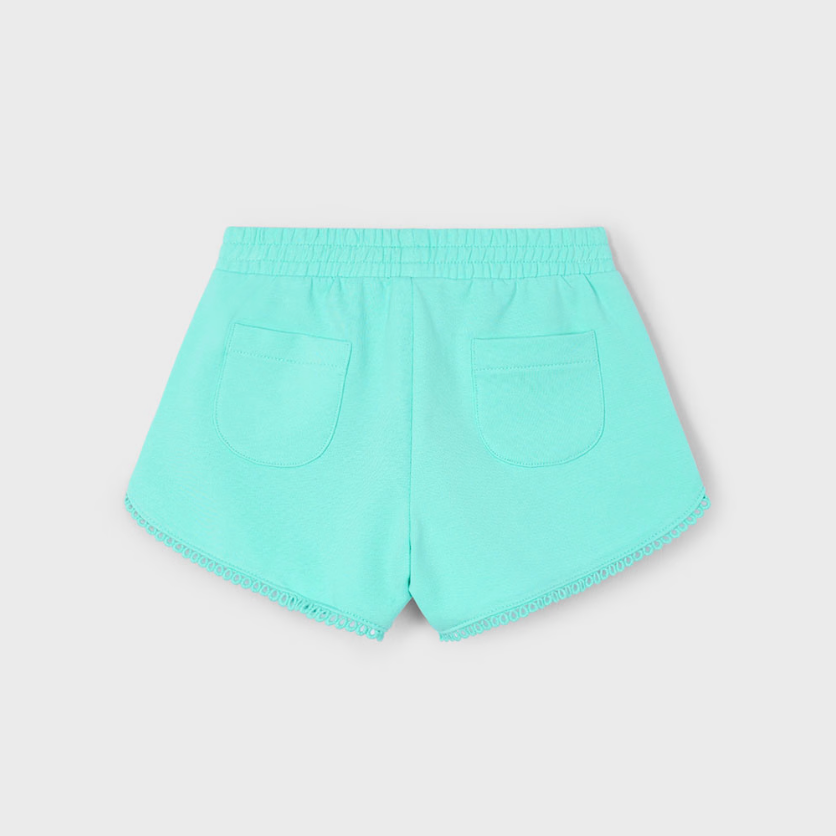 Mayoral girl aqua chenille shorts with elastic waist and decorative tie.