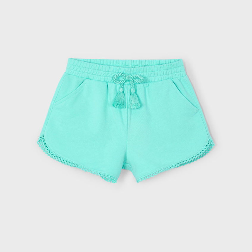 Mayoral girl aqua chenille shorts with elastic waist and decorative tie.