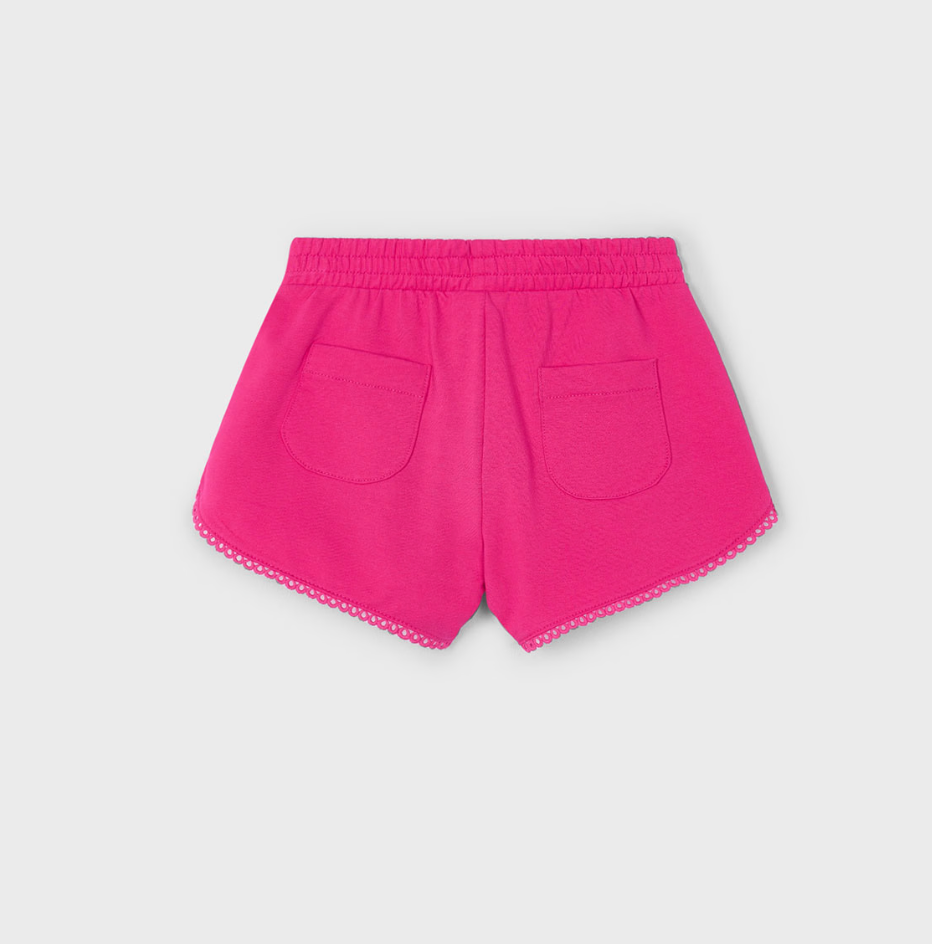 Mayoral girl fuchsia chenille shorts with elastic waist and decorative tie.