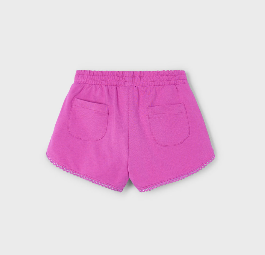 Mayoral girl orchid pink chenille shorts with elastic waist and decorative tie.