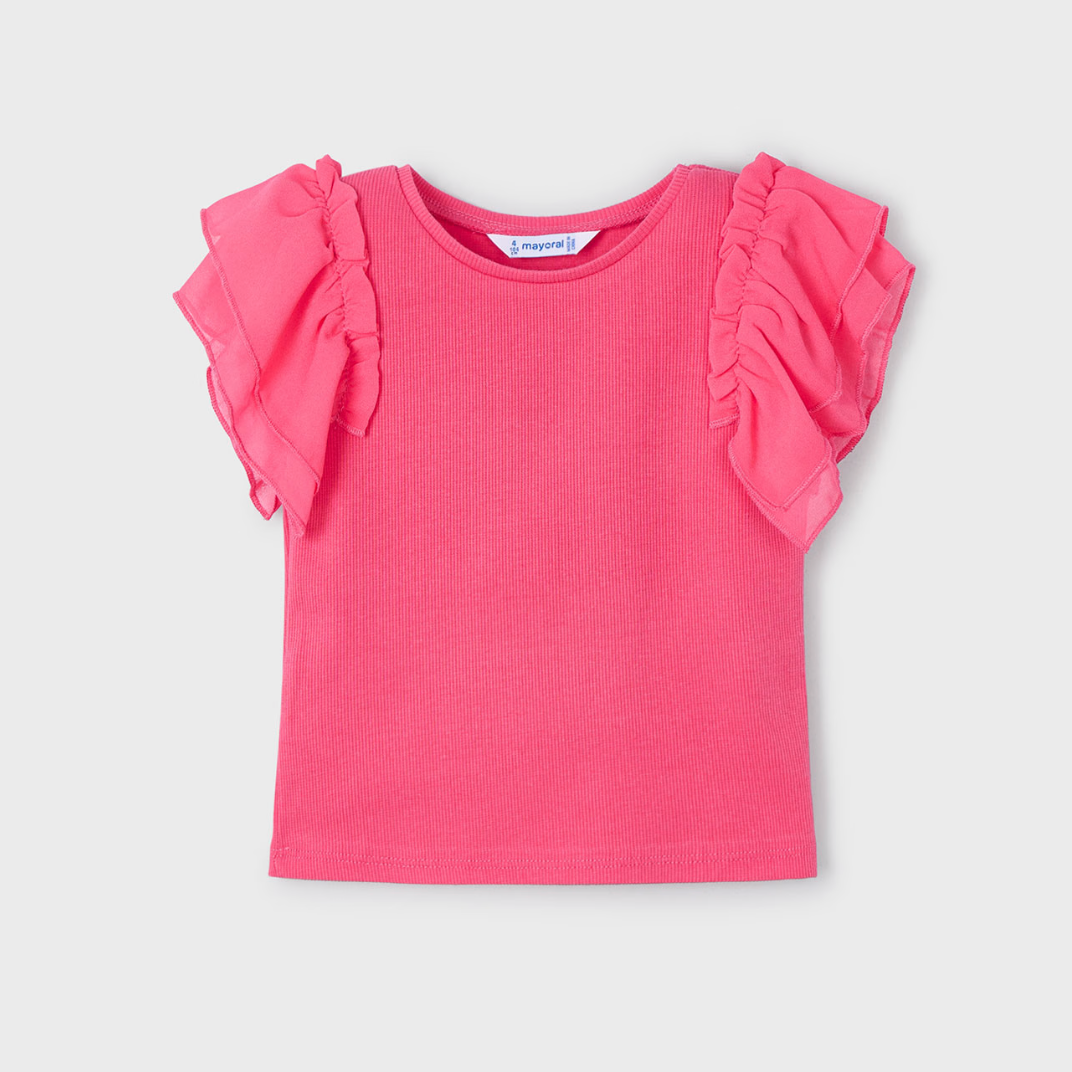 Mayoral girl coral pink ribbed flutter sleeve top.