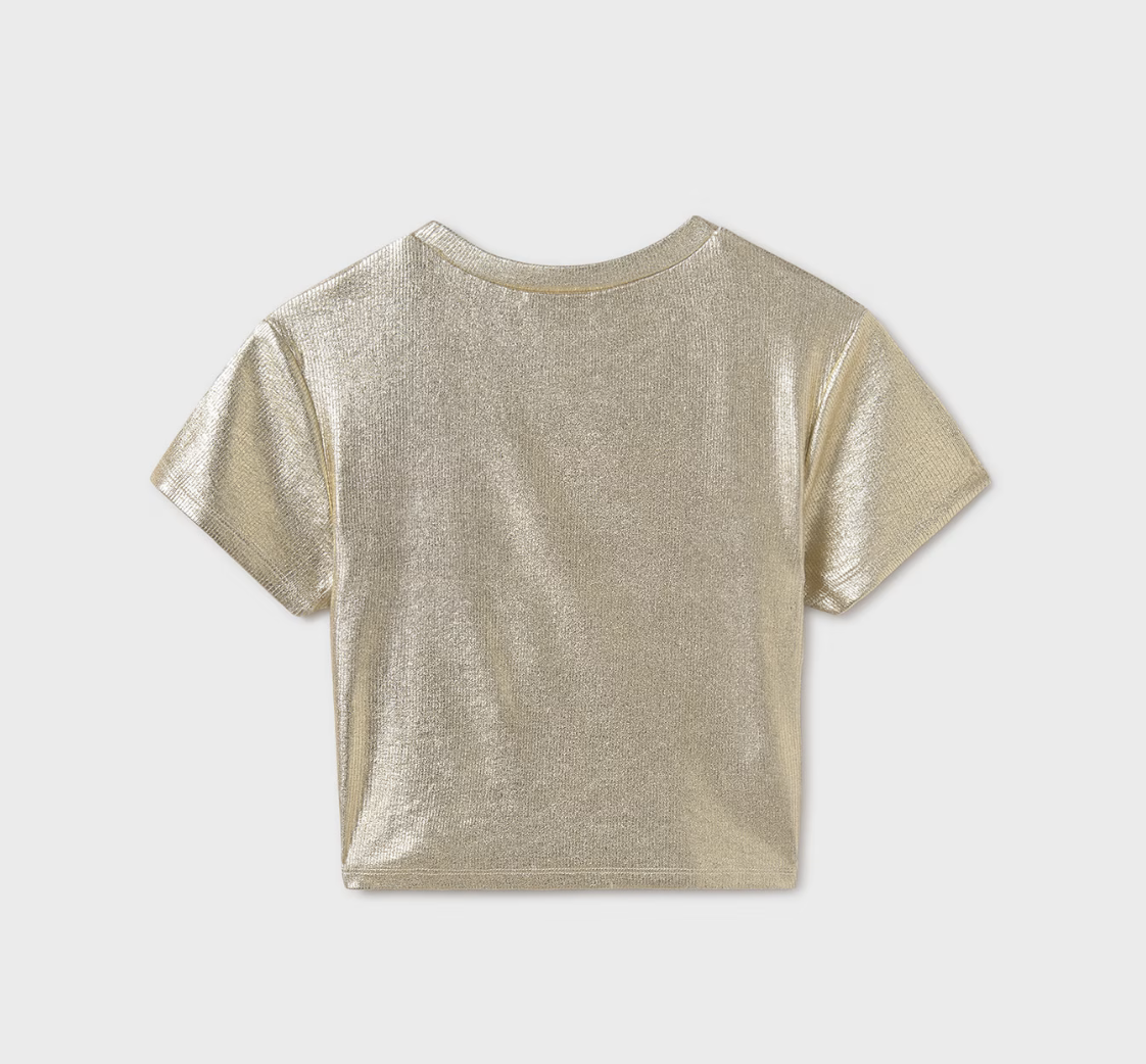Mayoral tween metallic gold ribbed cropped top with short sleeves.
