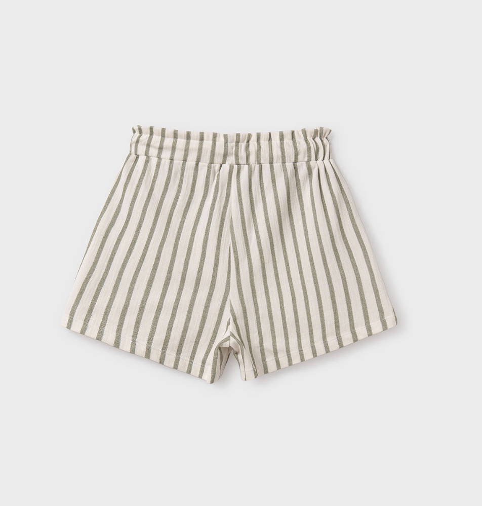 Mayoral tween moss green striped cotton shorts with drawstring and pockets.