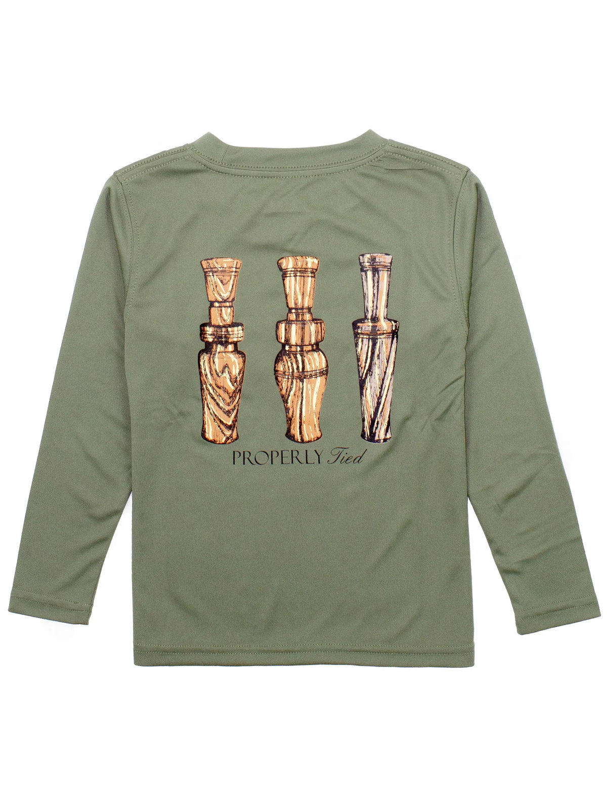 Properly Tied Olive Duck Calls LS Performance Tee