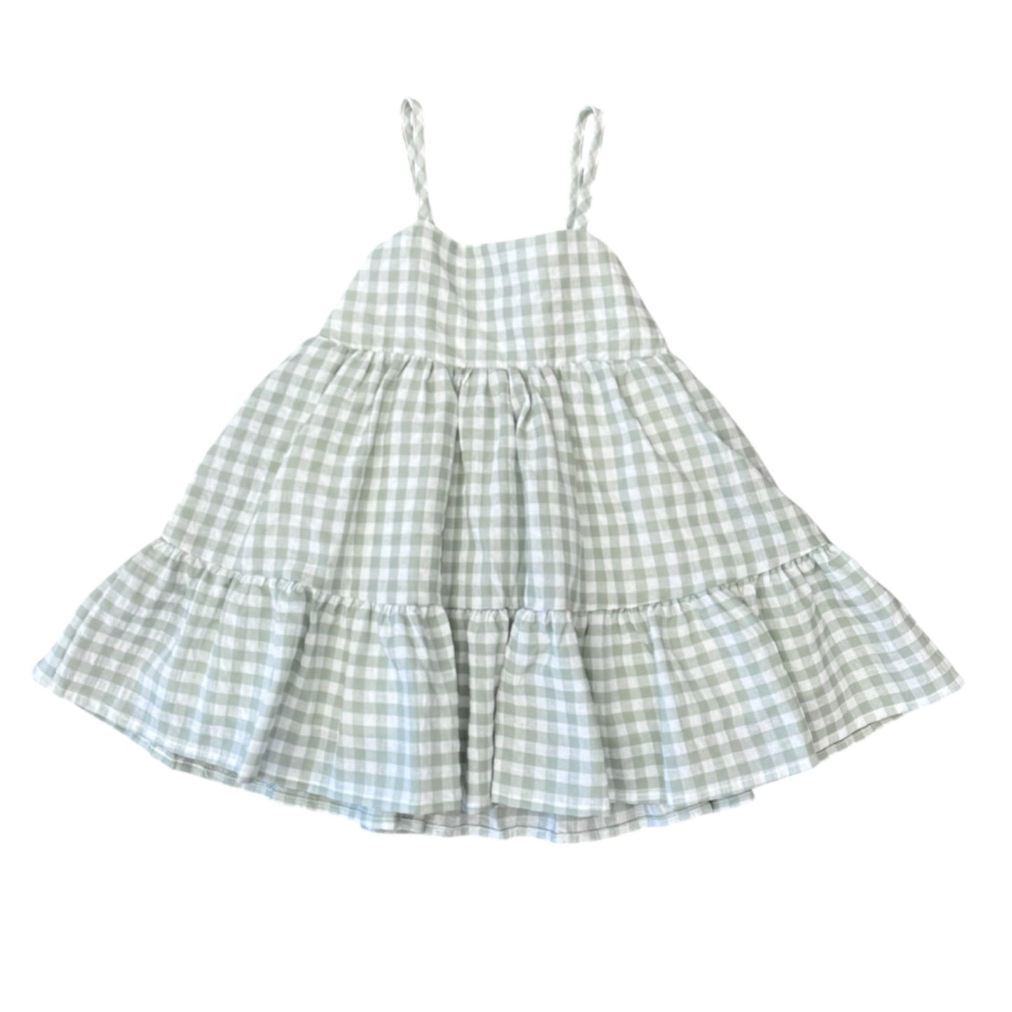 Moss green gingham spaghetti strap dress for girls.