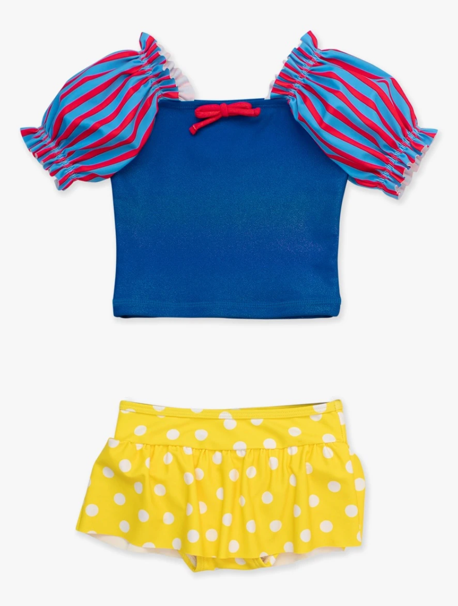 Girls' red puffed sleeve two-piece swimsuit with skirted bottom and bow detail, UPF 50+ sun protection.
