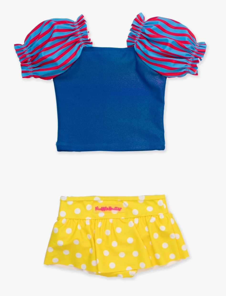 Girls' red puffed sleeve two-piece swimsuit with skirted bottom and bow detail, UPF 50+ sun protection.